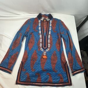 TORY BURCH Women’s Tory Tassel Tunic L/S Beaded Blue Reddish Orange, Size 4 Nice